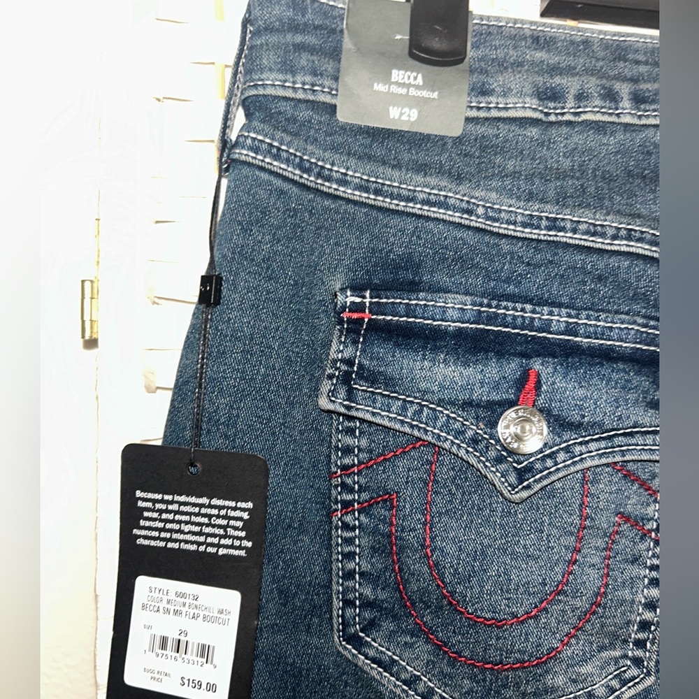 True Religion Blue Boot Cut Jeans with Red Accents